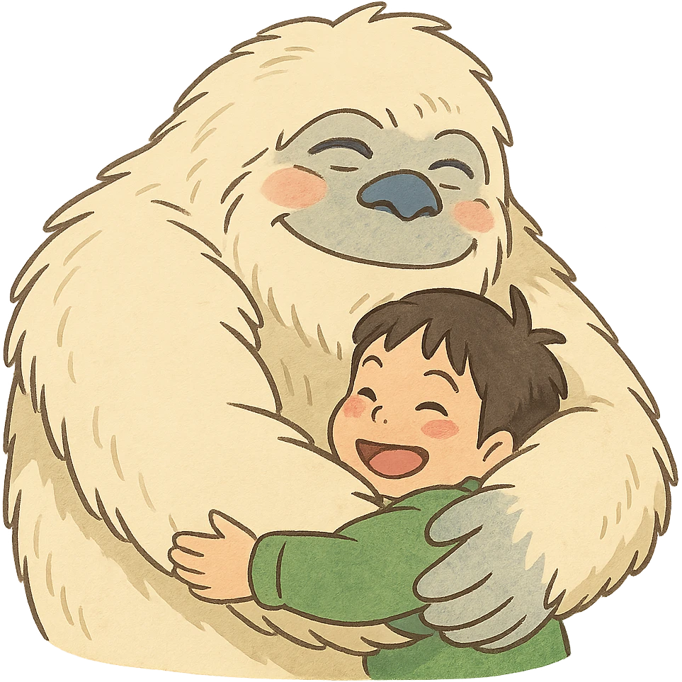 abominable snowman giving a hug, suitable for YouTube emoji, ghibli style emoji