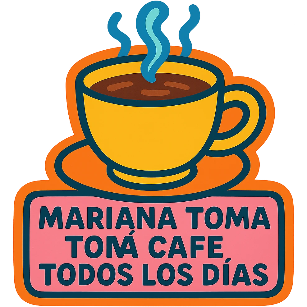 a vibrant sticker style illustration of a coffee cup with the phrase 'mariana toma café todos los días' with visible text emoji