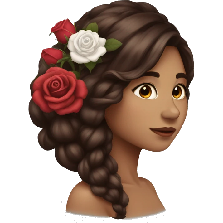 Beautiful, rose, red, flowers in hair, long dark brown hair, white fair skin emoji