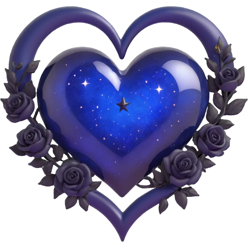 gothic heart made of midnight blue glass with a silver crescent moon, tiny black roses, shimmering stardust, soft glowing aura emoji