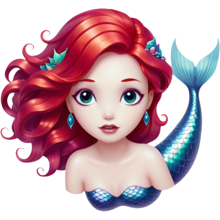 Cinematic Realistic Red Hair Mermaid Portrait, depicted with lifelike porcelain white skin that glows with an ethereal radiance, enhanced by soft underwater lighting. Her intricately detailed, flowing red hair cascades like liquid fire, framing deep, soulful eyes that mirror the mysteries of the deep sea. Accented by shimmering, iridescent scales and delicate aquatic embellishments, the portrait features an enchanting underwater glow that marries realism with mythic ocean elegance. emoji