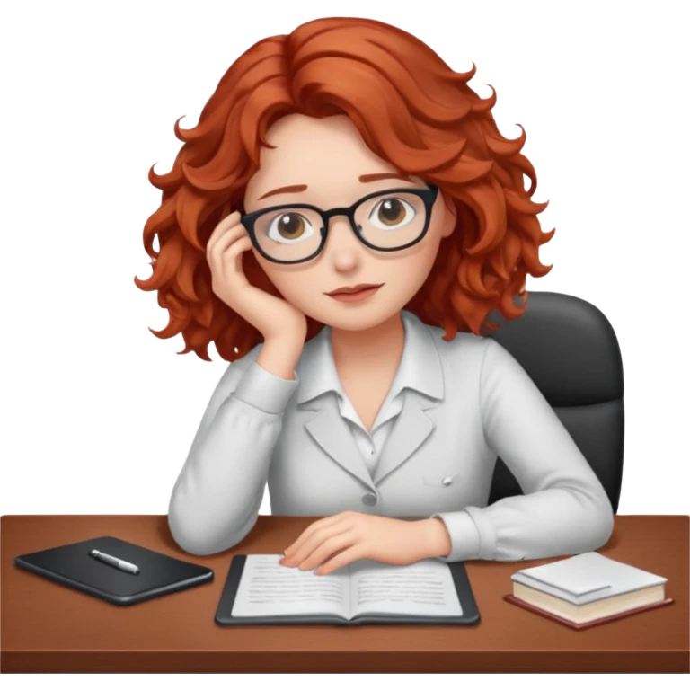Pretty model, brown eyes, soft red wavy hair, falling asleep at desk emoji