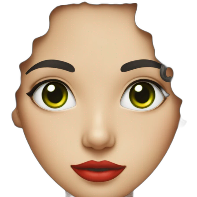 Portrait photo of a young woman with long black curly hair, green eyes, red lips, and fair skin emoji