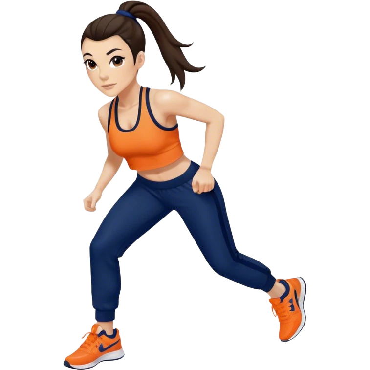 Melanie chisholm with a dark brown high ponytail, wearing an orange sports bra and navy blue track pants with sneakers emoji