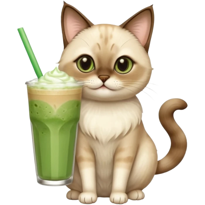 Happy Siamese Cat holding in its paws an iced matcha latte emoji