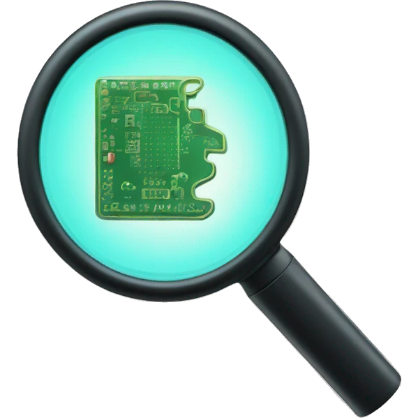 a magnifier with a printed circuit inside and a palm trace  emoji