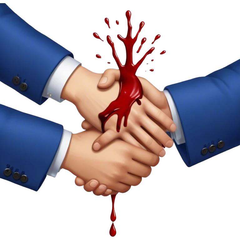 handshake, hands in blue suits, blood on one of the hands, drops emoji