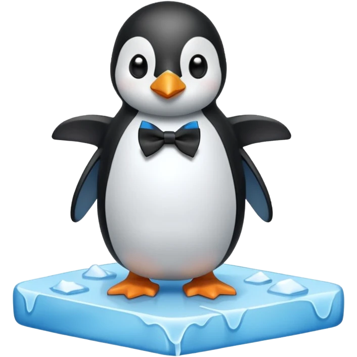 penguin, black bow tie, standing on small ice melting block emoji