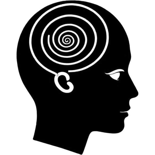 Minimalistic flat vector icon, iOS style, thin black contour on white background. Human head silhouette with spiral inside. Clean, no text, no shadows.
 emoji