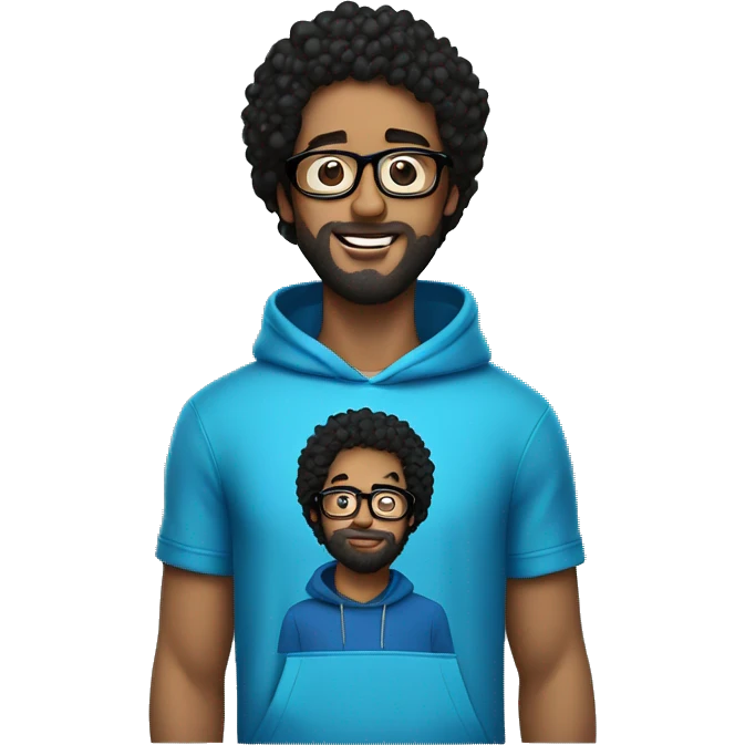 guy with curly black hair with glasses and beard, blue hoodie, sending a kiss  emoji