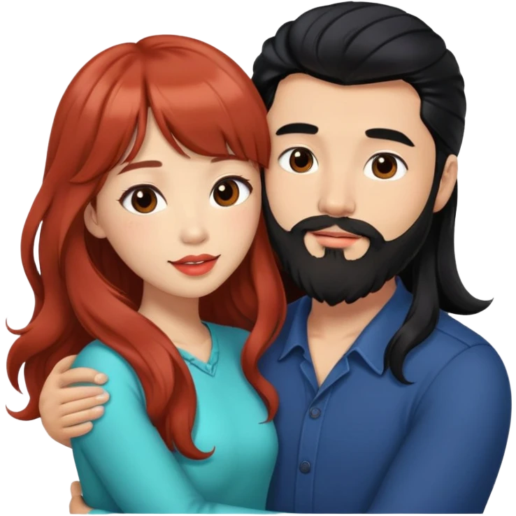 handsome mixed white asian man with long black hair and beard, hugging cute tan skin woman with long wavy reddish brown hair with bangs and coral lipstick emoji