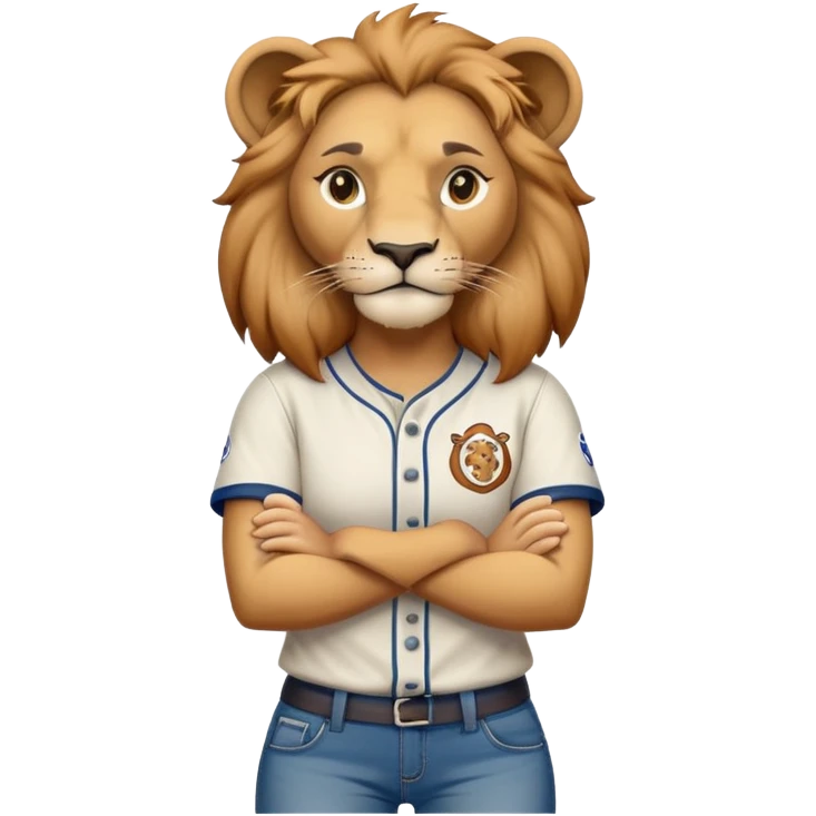 determined anthropomorphised female lion in a baseball shirt and jeans with arms folded emoji