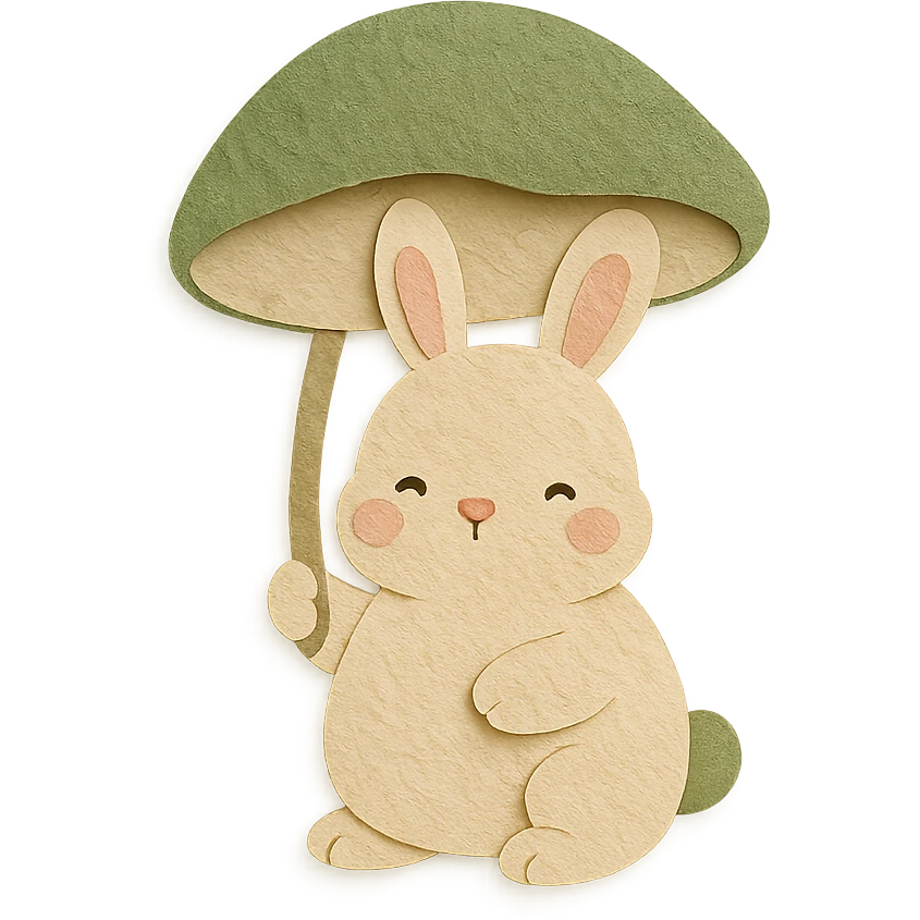 chubby bunny holding a mushroom umbrella, pastel beige and moss green, paper craft style emoji