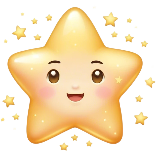 Cinematic cute sparkling star, chubby rounded edges, golden glow, tiny blushing cheeks, warm and gentle shine, twinkling softly in a pastel night sky. emoji