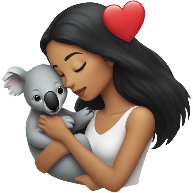 black hair women holding a koala and kissing him  with hearts around them  emoji