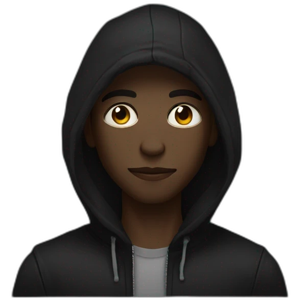 Makes a young black man of 19 with a dark look and moderately stretched eyes. Who wears a skull hood over his face. He also wears a black hooded vest. emoji