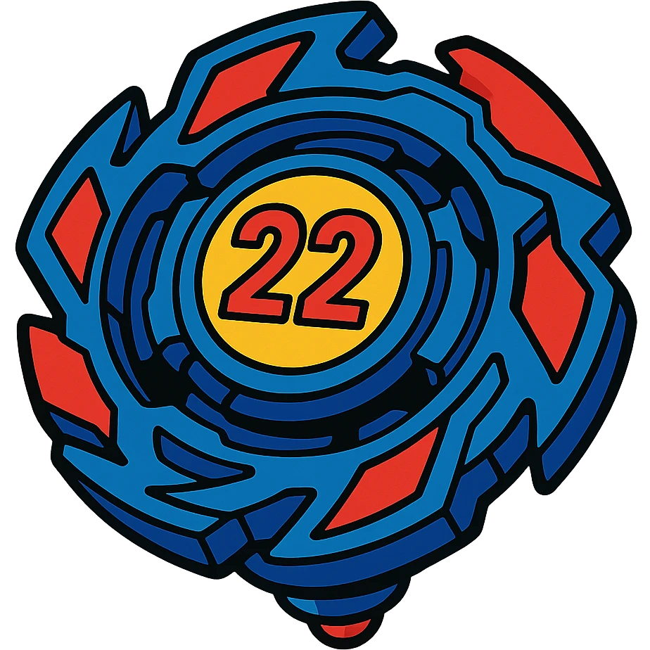 beyblade celeste y rojo con el número 22, vibrant cartoon illustration style emoji