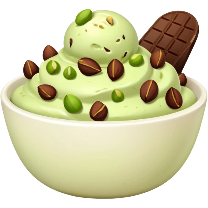 I want a emoji of pistachio ice cream with pistachio on top and some chocolate chips , make sure it’s in a bowl and aesthetic in a white bowl and make it look a little bit more green emoji