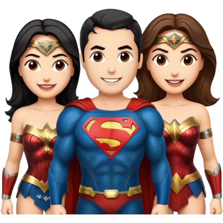 Justice League group pose featuring Flash, Wonder Woman, Superman, Aquaman, and Batman in emoji style emoji