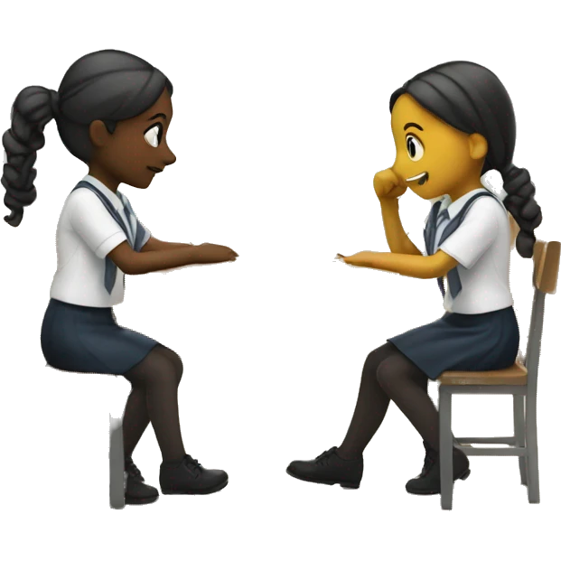 Two schoolgirl at the table are talkng emoji