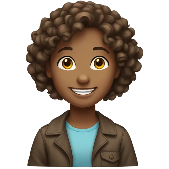 A girl with brown hair and brown eyes and curly hair saying hello emoji