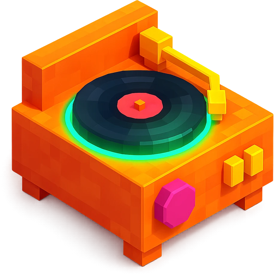 record player with spinning vinyl, glowing details, and a retro aesthetic emoji