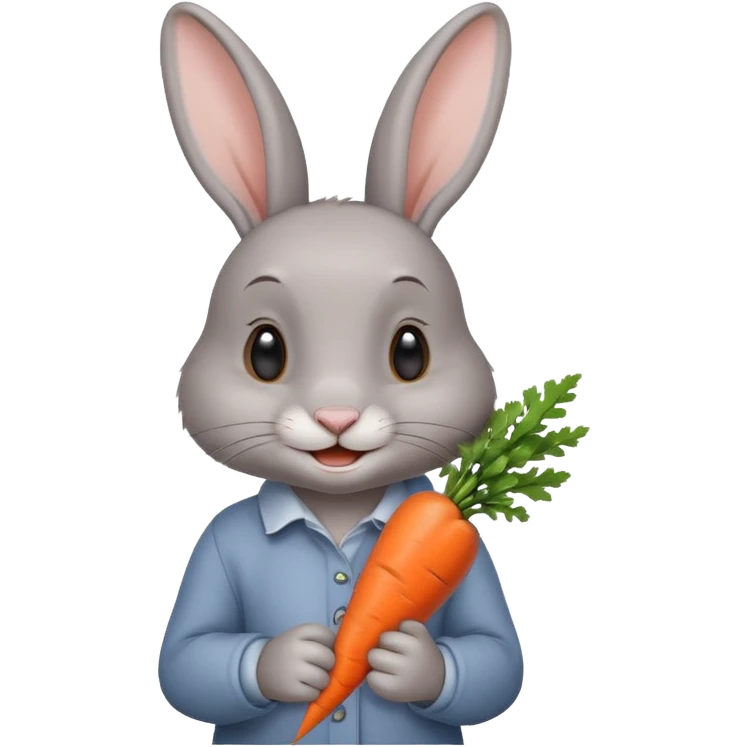 Gray rabbit holding carrot, cute smile, half body emoji