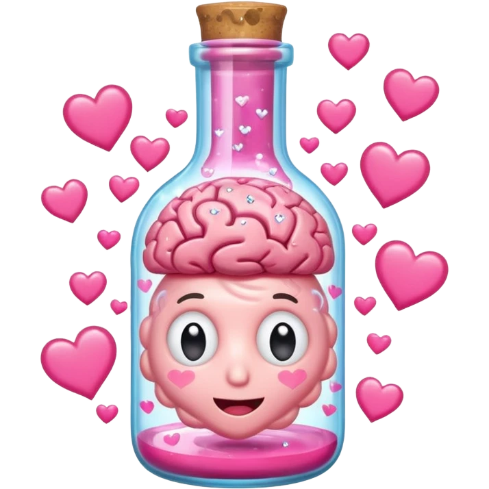 A cartoon brain inside a cute glass bottle with pink liquid, labeled “obsessed”, with hearts and sparkles swirling around. emoji