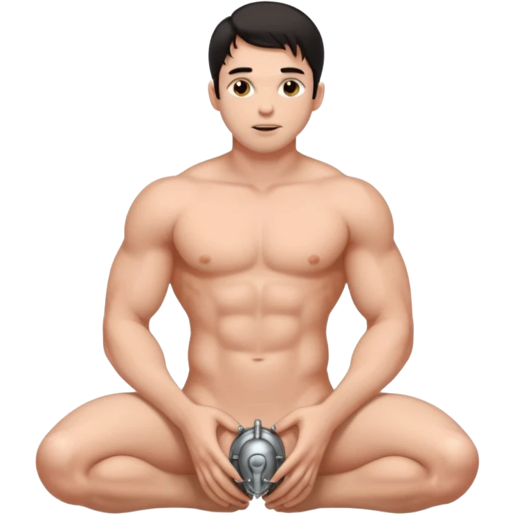 Submissive dark haired man on his knees naked wearing a chastity cage on his little penis emoji