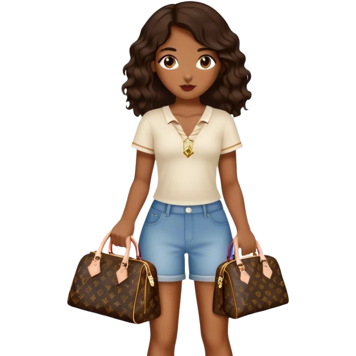  Brown girl with dark brown medium beach wavy hair carrying one Louis Vuitton purse on her arm while standing  emoji