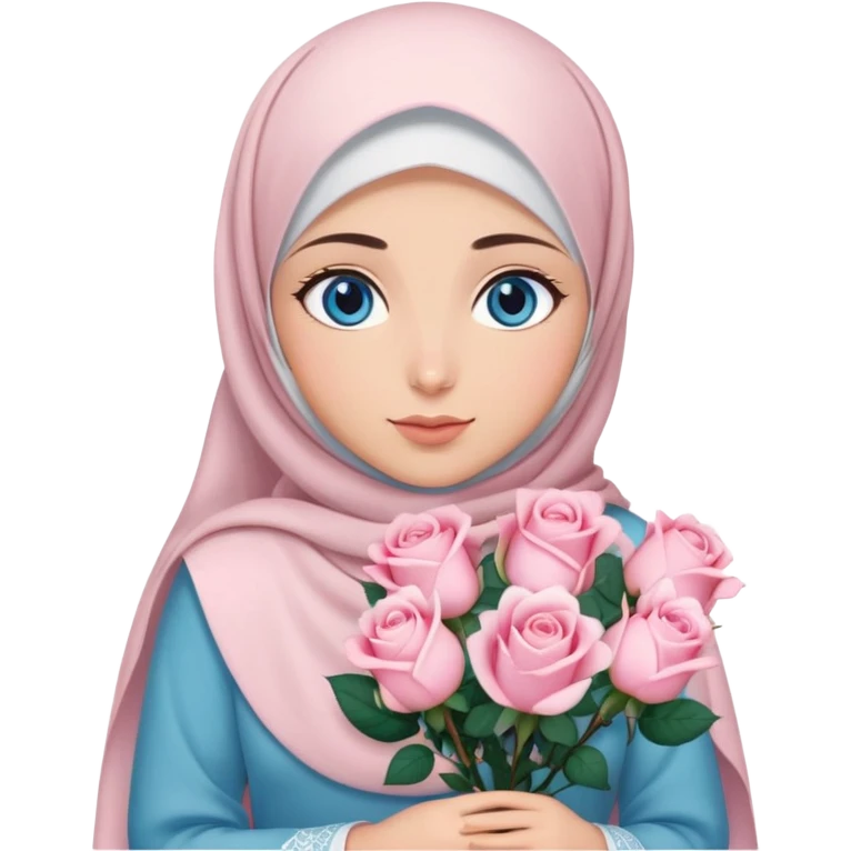 Turkish beautiful finish Konya girl blue eyes with hijab islamic dress and had on her hand light pink roses emoji