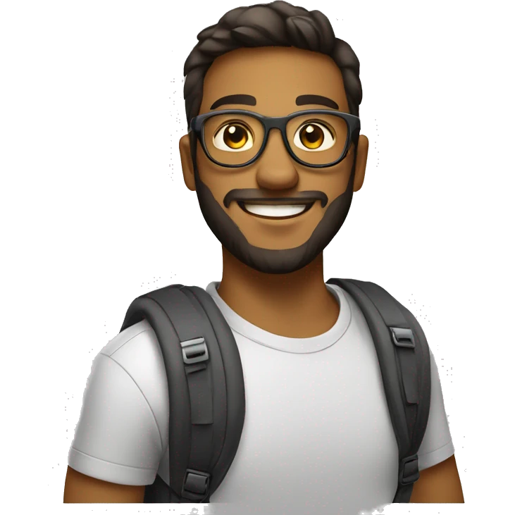 Tech geek student wearing a pair of glasses with slight beard on his face with a good smile and having a backpack on either side of his shoulder  emoji