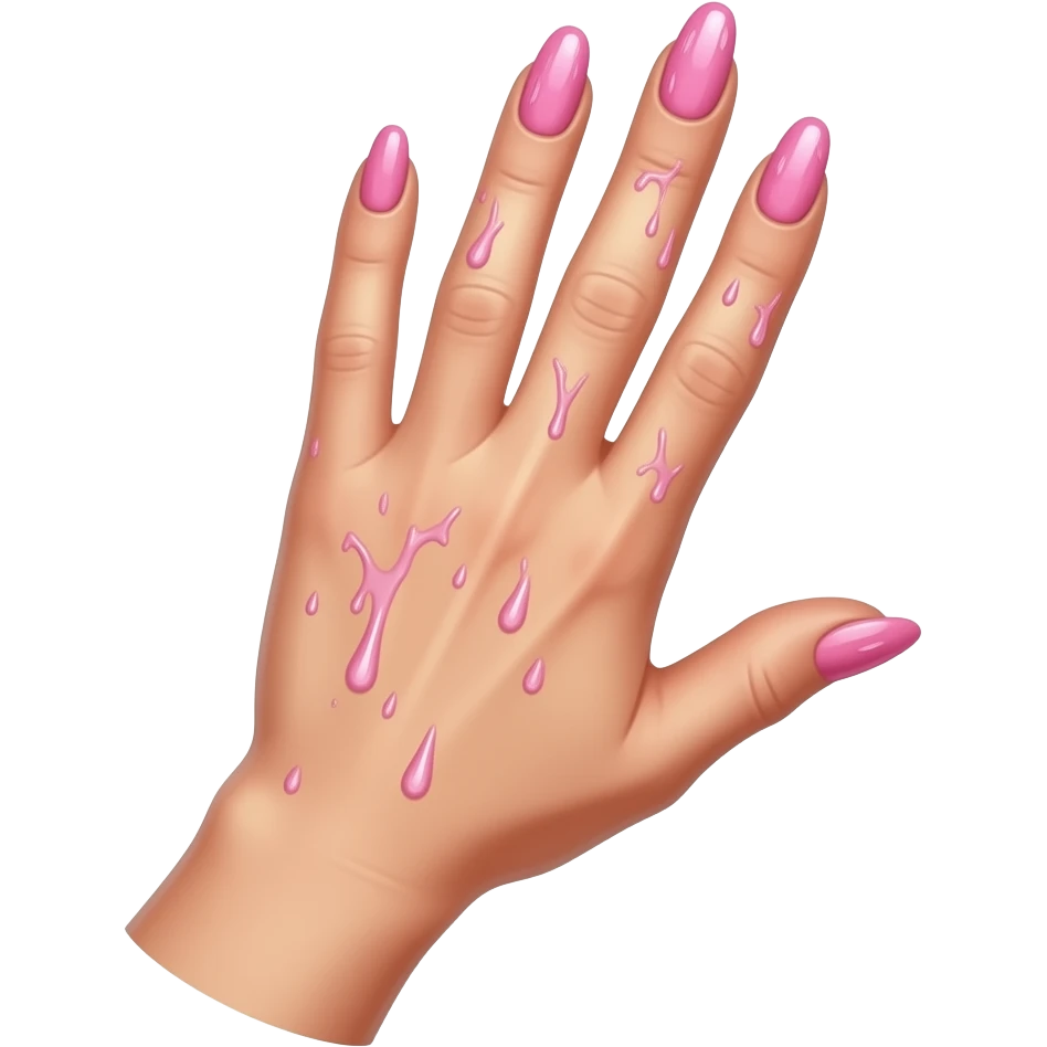Female hand with long pink nails wet splatter on her index and middle finger emoji