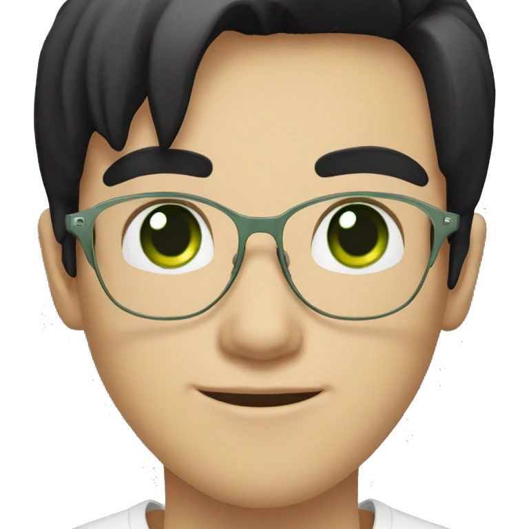 A white boy with glasses with black hair wearing a white T-shirt with green eyes emoji