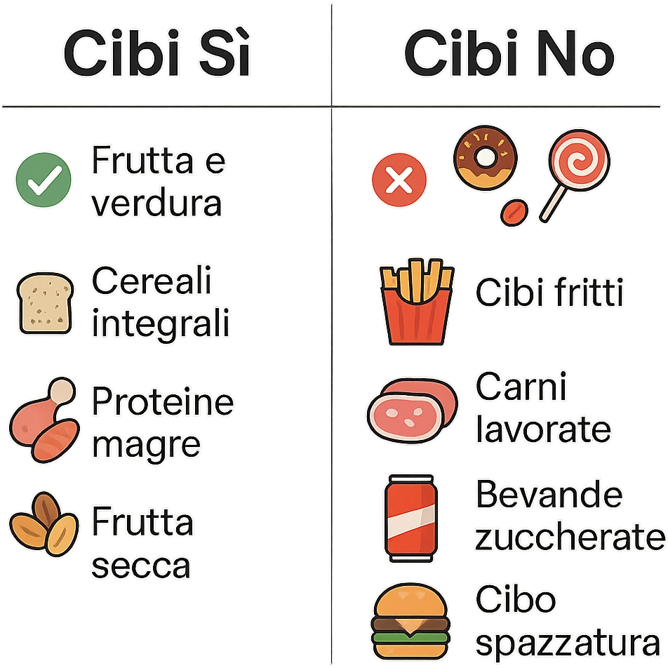 DUE TABELLE CON LINEE GUIDE DI CIBI SI E CIBI NO emoji