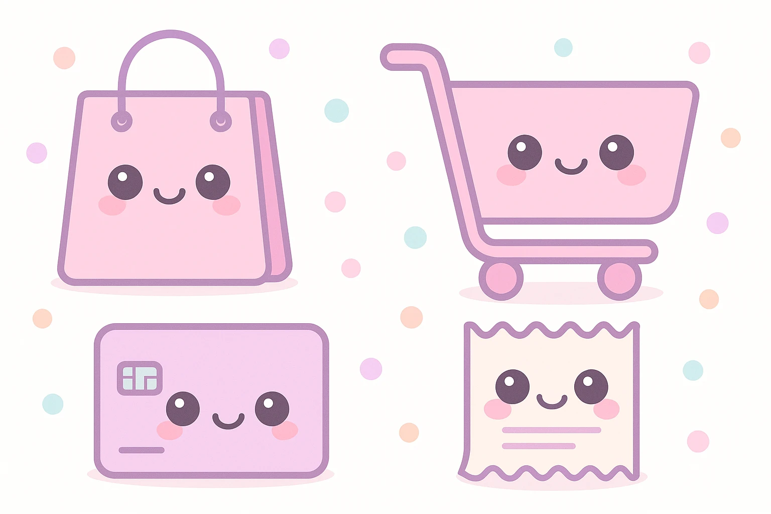 cute shopping theme with pastel pink tones, kawaii style, featuring a smiling shopping bag, a pastel pink shopping cart, a cute credit card, and a happy receipt, all with adorable faces and soft rounded shapes emoji
