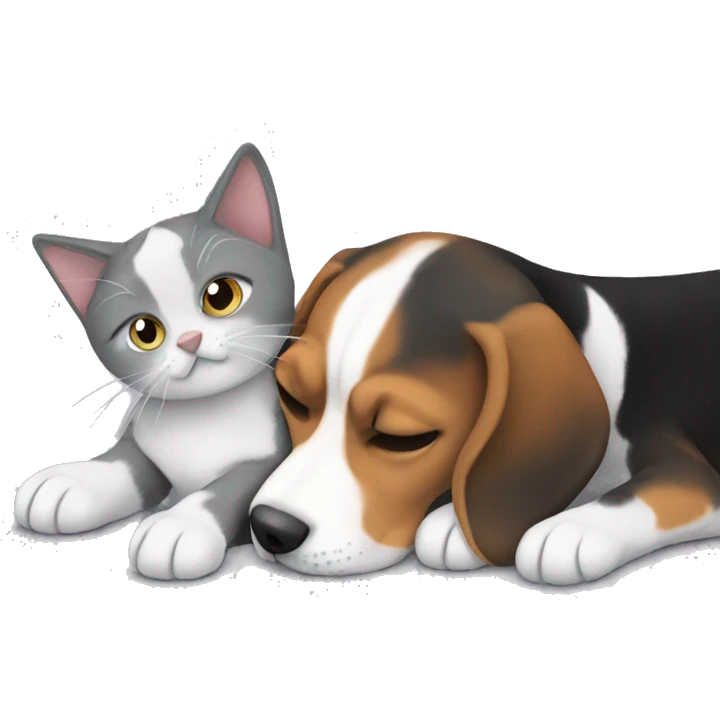 Beagle snuggling with grey cat emoji