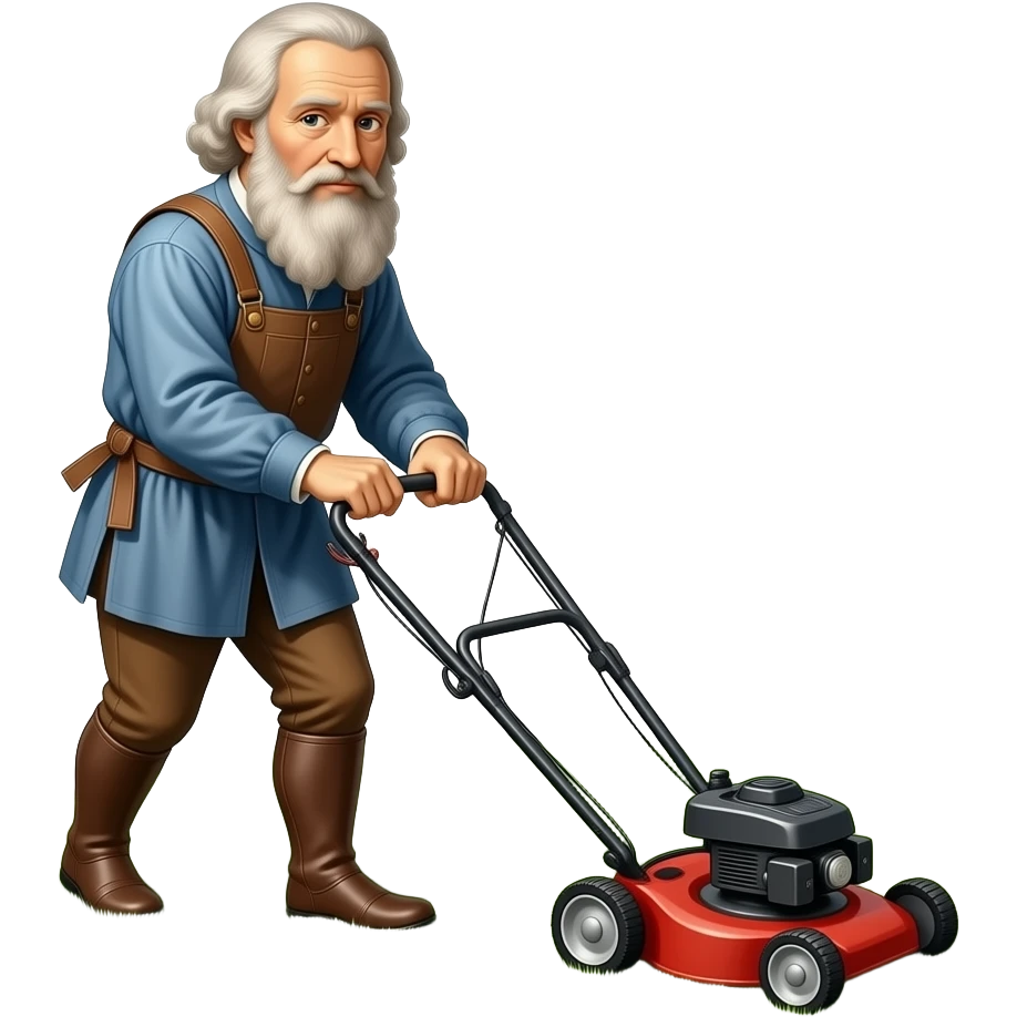 old Leonardo da Vinci mowing the lawn with a lawn mower emoji