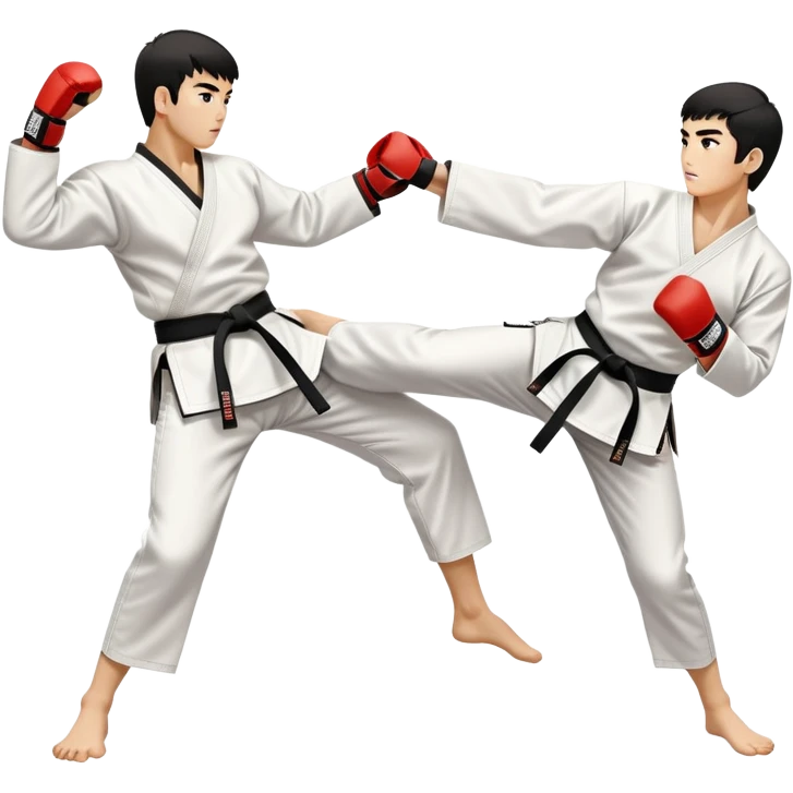 Two taekwondo fighters in traditional white doboks with black belts. One delivers a powerful kick to the opponent’s midsection, while the other expertly deflects the strike with a raised knee. The background features a professional arena with bright lights and excited spectators. emoji