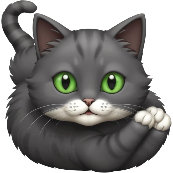solid dark grey cat with green eyes, fully grey face, white toes/paws playfully rolling upside down emoji