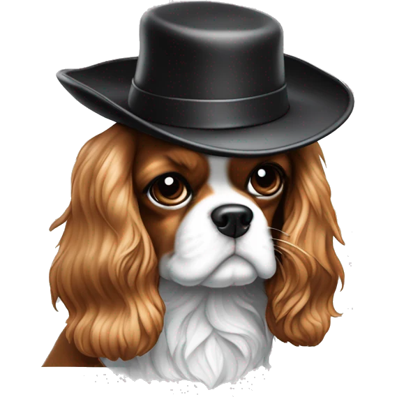 Cavalier King Charles noir et blanc qui sourit avec un chapeau annees 80 emoji