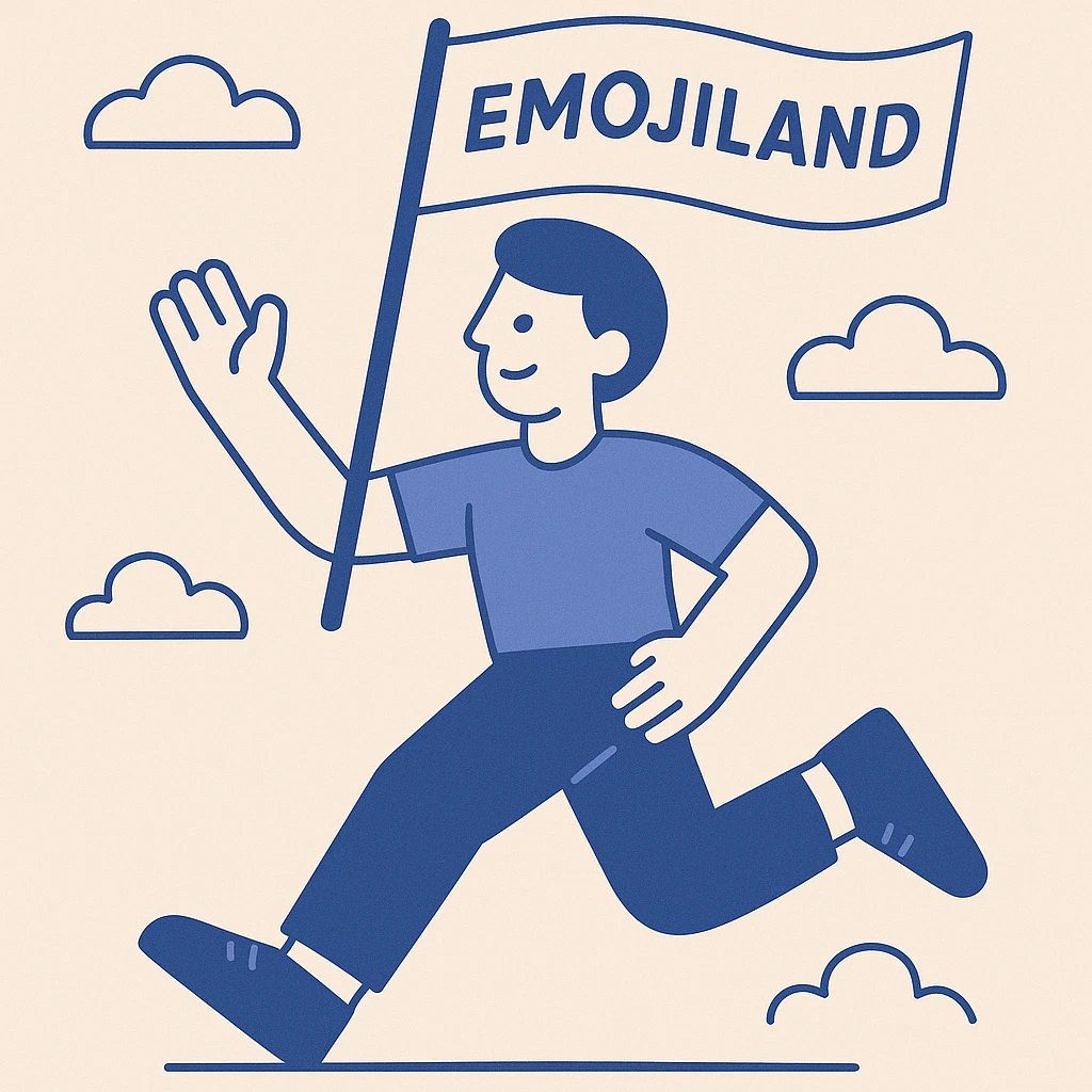 happy runner waving a flag that says 'emojiland' emoji