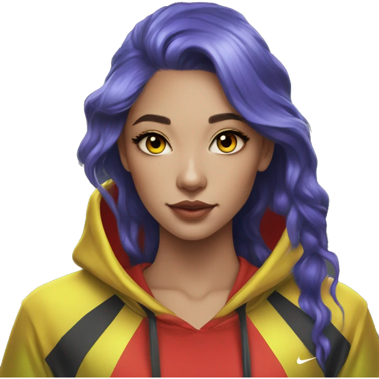 Lady with brunette and iridescent blue hair, gold, lime green dragon wings, black hoodie, oilslick holographic, black and gold Nike t shirt, and bright red eyes emoji