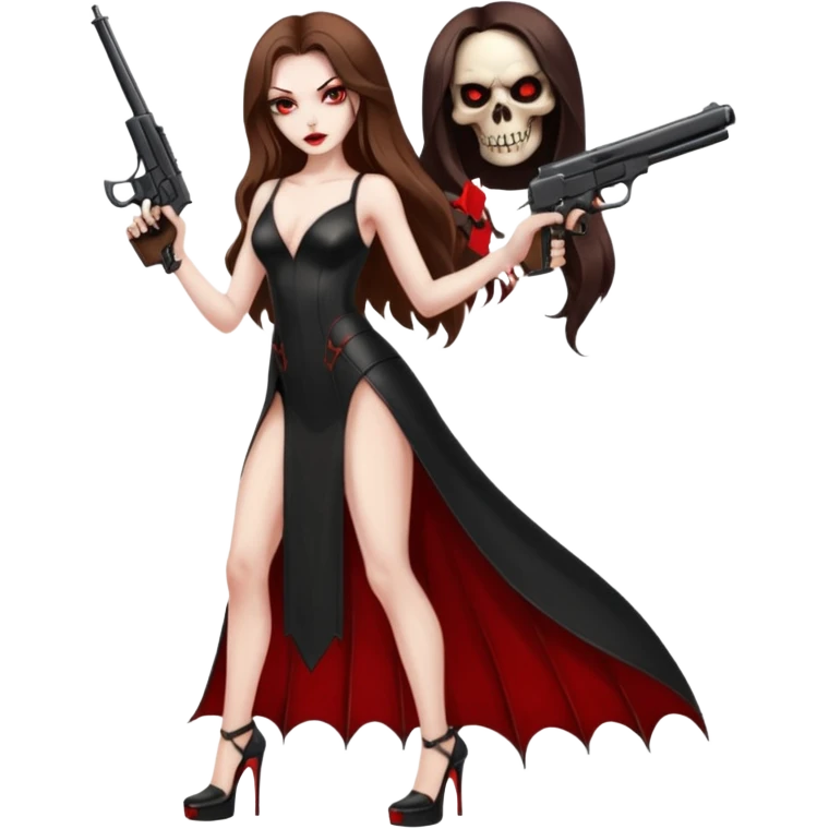 Lilith symbol red eye seductress evil long brown haired sexy succubus woman with leather long dress with slit on, sitting in Big Large F350 pickup truck. Platform high heels in feet. Back seat full of stacks of cash, she is  Holding a human skull of her enemies and a gun in other hand emoji