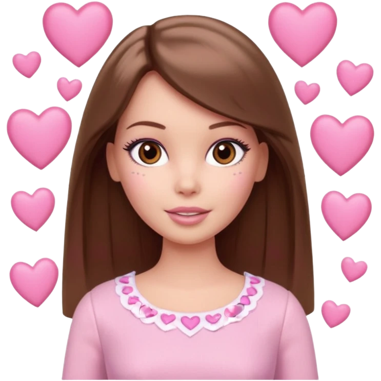 Barbie girl and  makeup , brown straight hair and brown eyes is In pale pink clothes There are pink hearts all around emoji