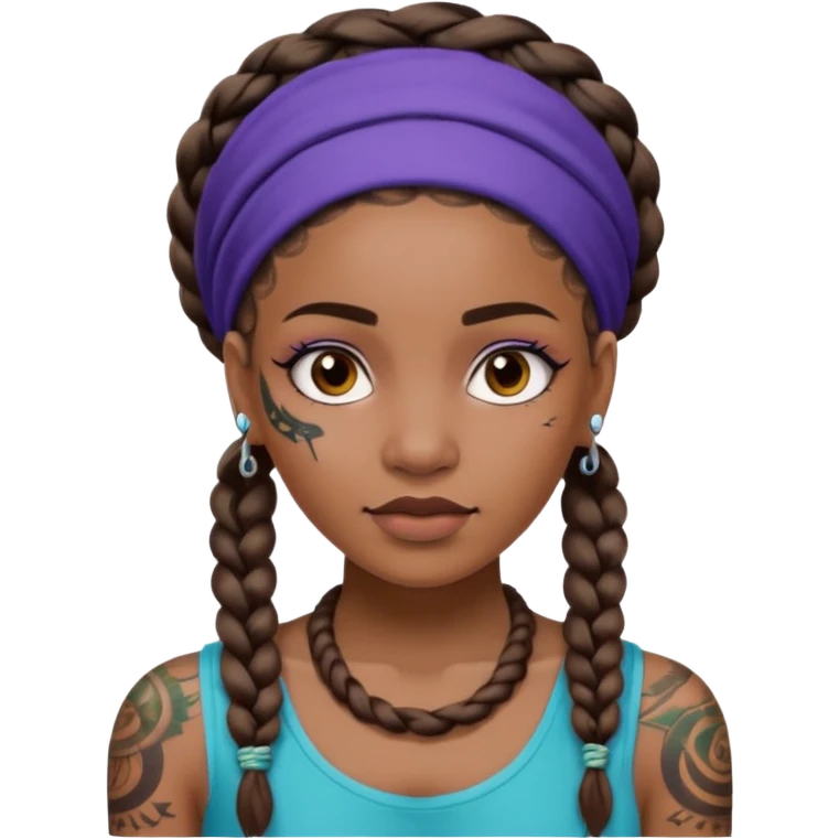 big lose braids starting from the top of the head woman face wiith big visible braids and mono color headband on head  face and braids as big as headband and lots and lots of face tattoos colored tattoos like a tattoo artist hair unique color emoji