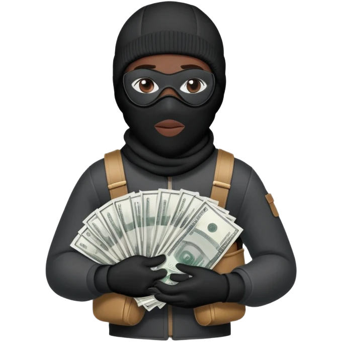 Ski mask holding bags of money with black face like skin color black emoji