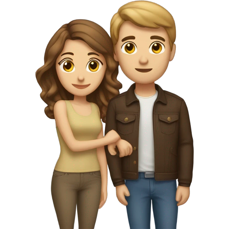 A genmoji representing a couple kissing. The man is slightly taller than the woman and has brown hair. The woman has brown hair and a beauty mark on her cheek. emoji