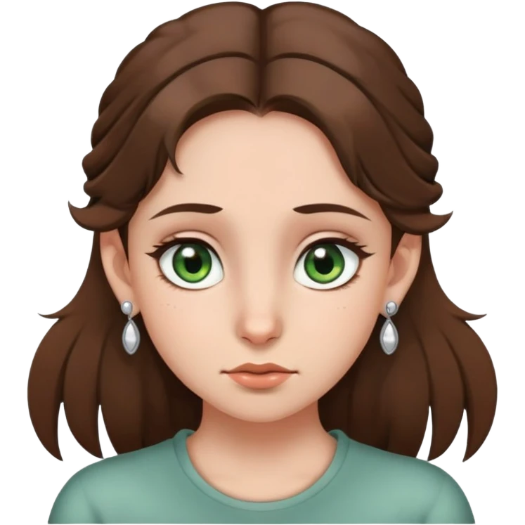 girl with gray-green eyes, brown hair, five earrings on one ear, two on the other, mole on cheek, expressive emotion emoji