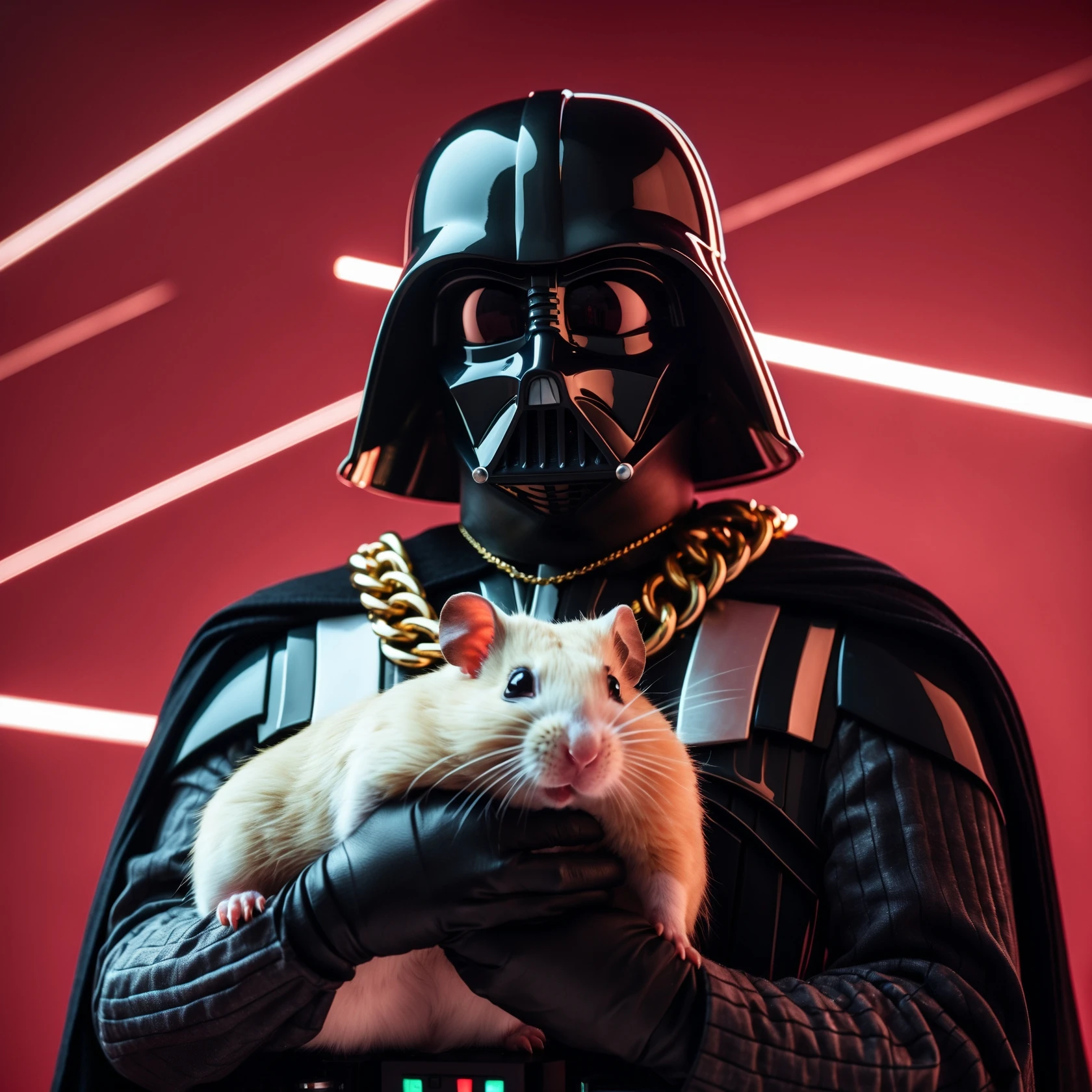 Extreme Closeup Photo of a darth vader holding big hamster with golden chain, low key light, red solid background with leading lines, back light, spot light emoji